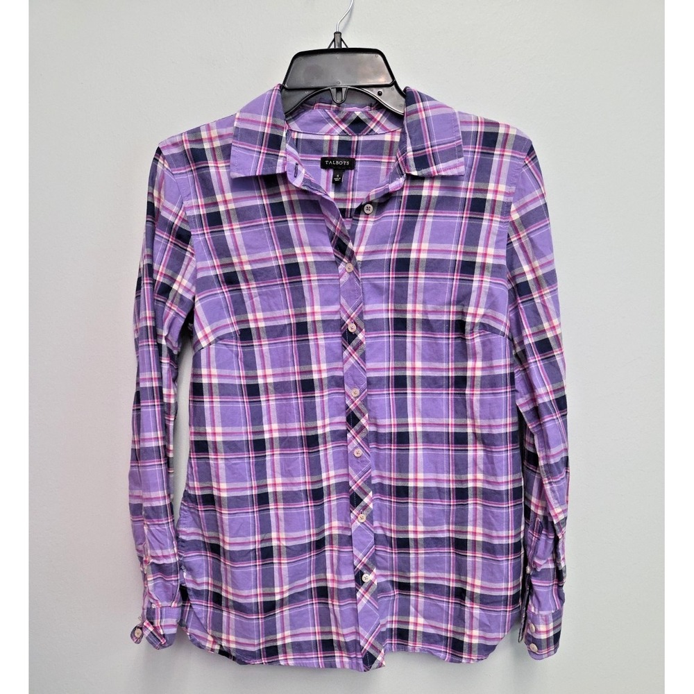 Talbots Small 100% Cotton Shirt Madras Purple Plaid button down Shirt‎ Classic